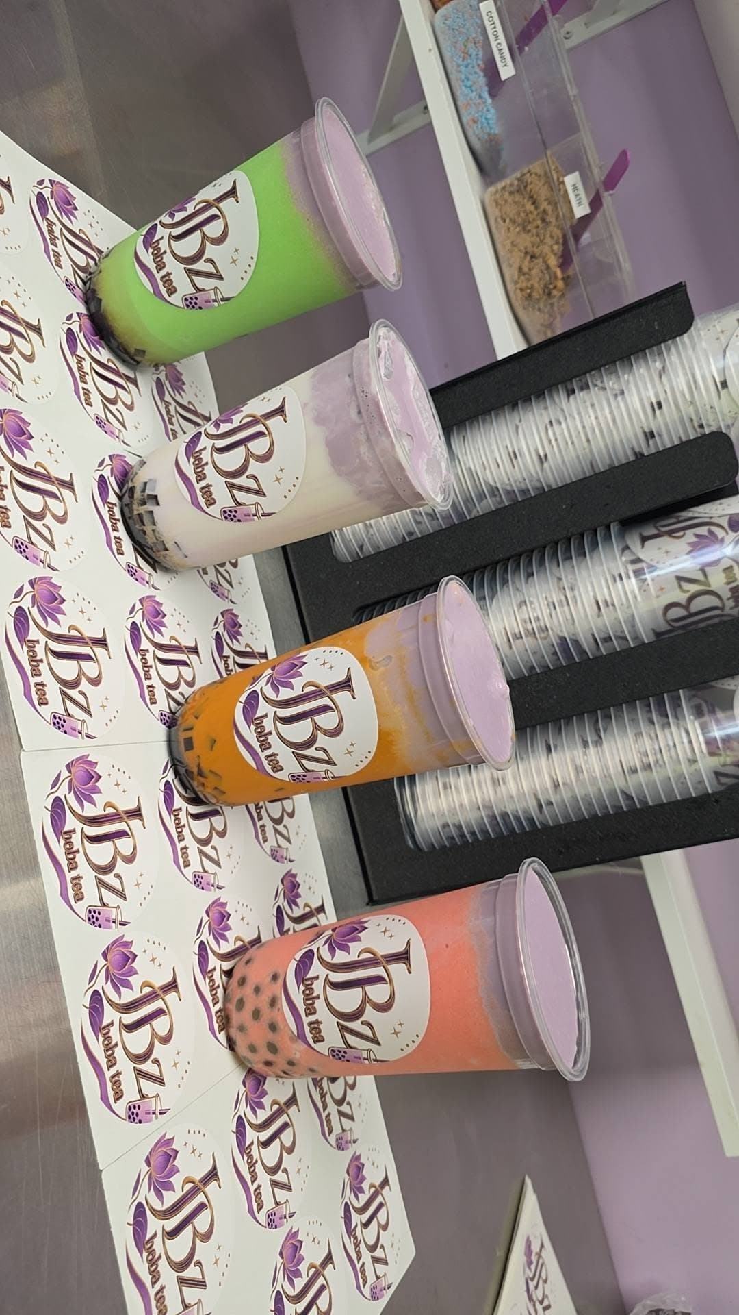 Green apple, taro, thai and strawberry JBz drinks on the shelf