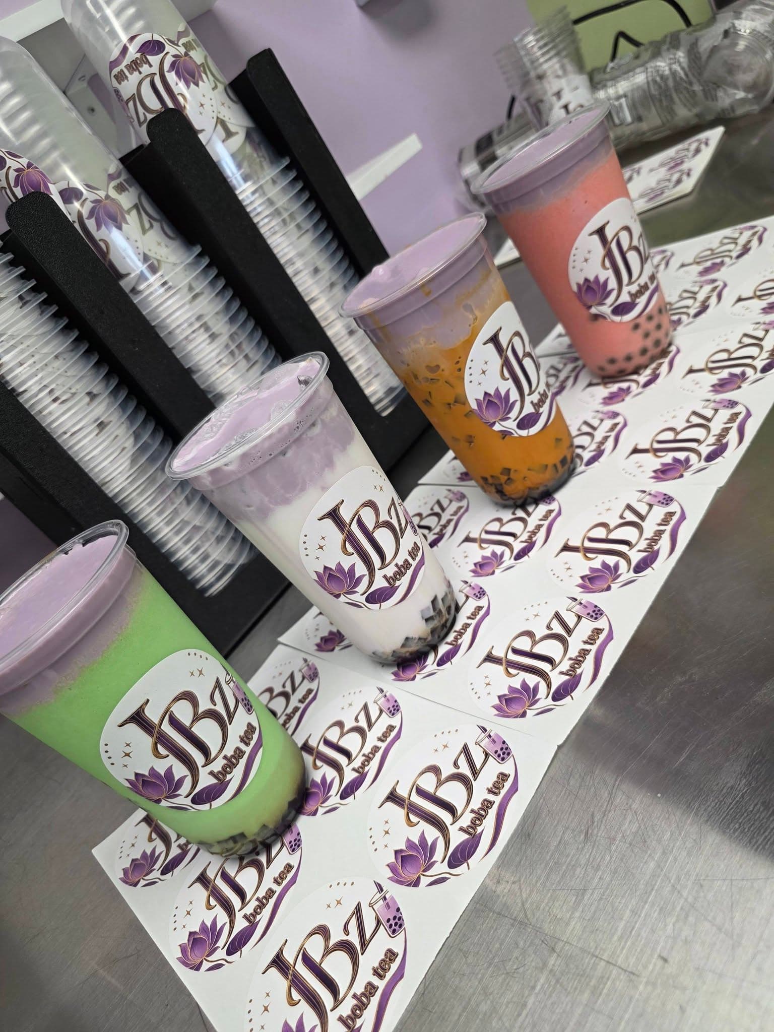 JBz matcha, taro, thai tea and strawberry drinks lined up