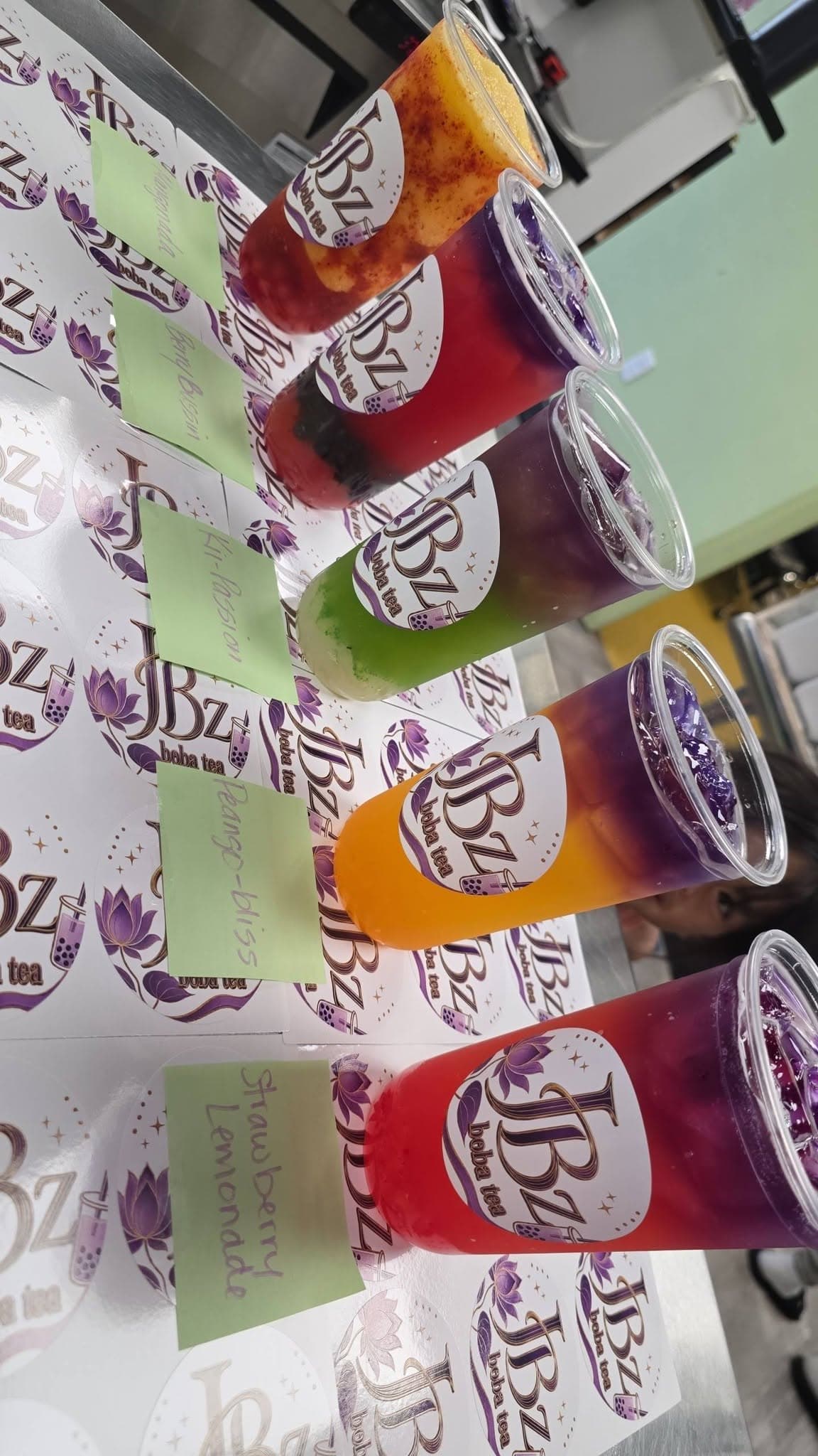 A rainbow row of JBz fruit teas from above