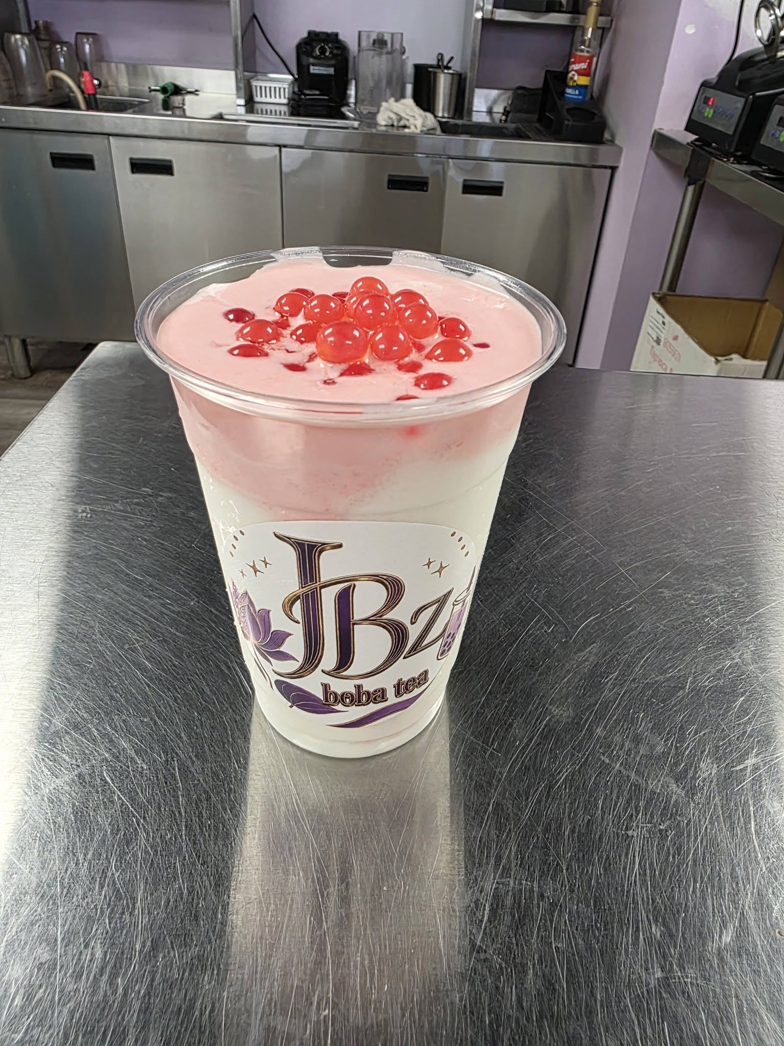 A JBz strawberry drink packed with fresh popping pearls